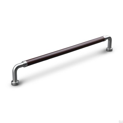 Poignée de meuble oblongue Posta Swept 224 Argent Brossé avec Cuir Marron