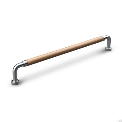 Poignée de meuble oblongue Posta Swept 224 Argent Brossé avec Cuir Marron Clair