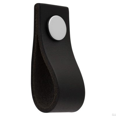 Bouton de meuble en cuir noir Loop Ari avec chrome poli