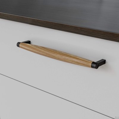 Poignée de meuble oblongue Hjo 256, métal noir mat et bois de chêne