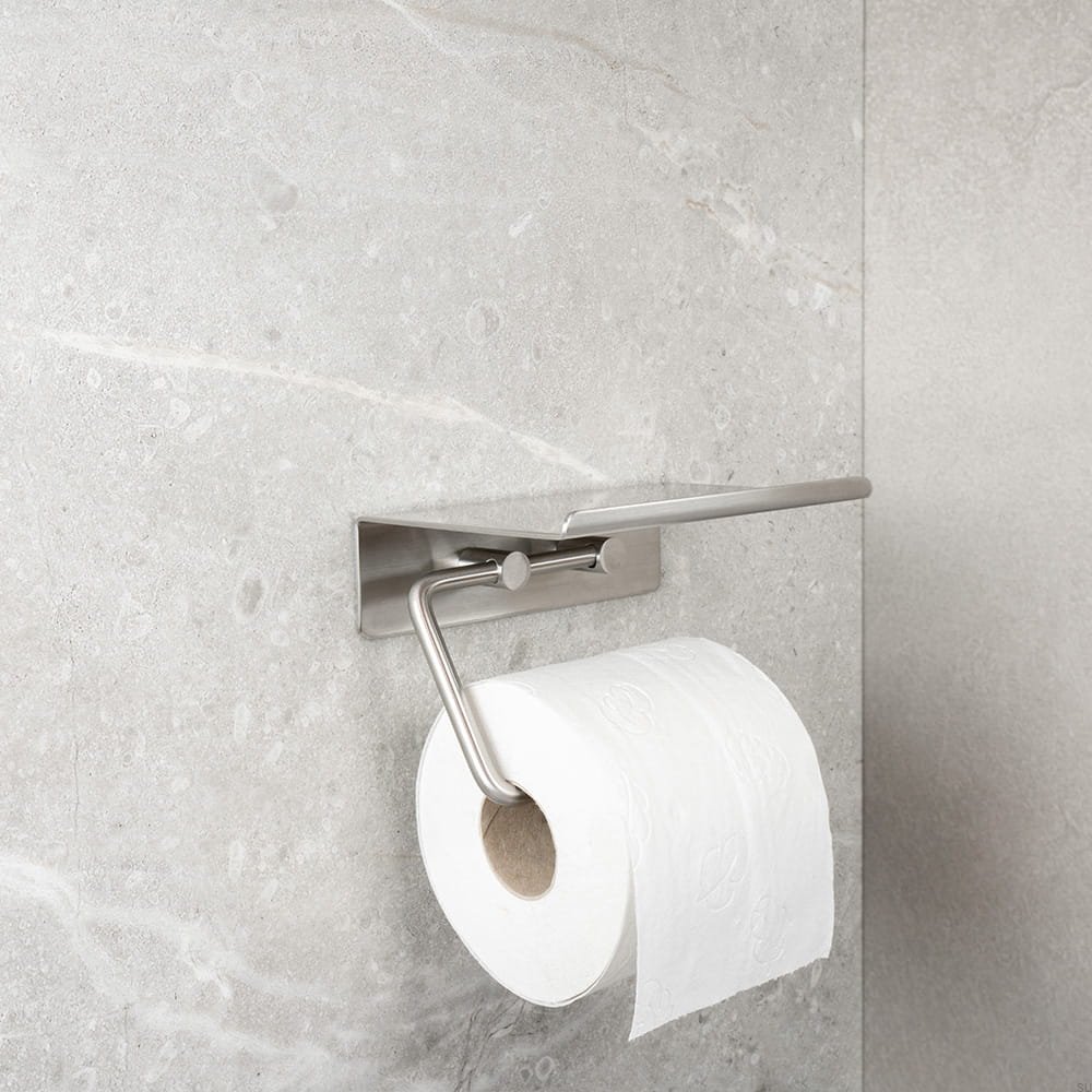 60606-41--Uchwyt na papier toaletowy z półką Base Stalowy Szczotkowany Beslag Design