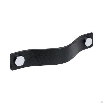 Poignée de meuble longue Loop 128, cuir noir avec chrome
