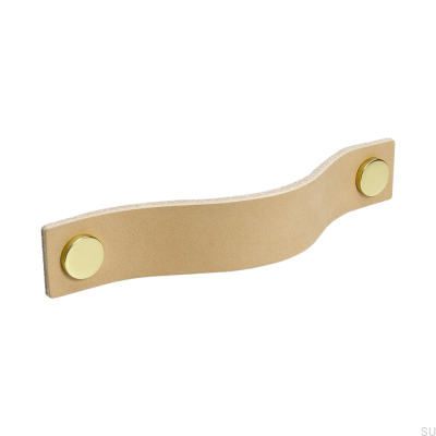 Poignée de meuble longue Loop 128, cuir naturel avec laiton