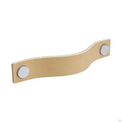 Poignée de meuble longue Loop 128, cuir naturel avec chrome
