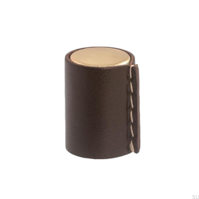 Bouton de meuble Läderknopp Or brossé avec cuir marron