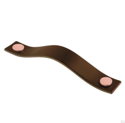 Poignée de meuble allongée 0156L Cuir Marron avec Cuivre