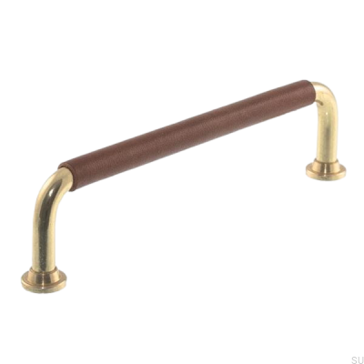 Poignée de meuble oblongue 0131LS 1353 128 Laiton poli avec cuir marron