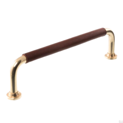 Poignée de meuble oblongue 0132LS 1353 128 Laiton poli et cuir marron