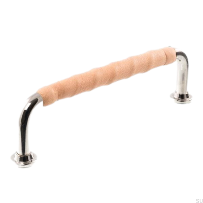 Poignée de meuble oblongue LL 1353 128 Nickel poli avec cuir naturel