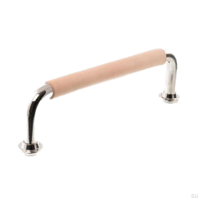 Poignée de meuble oblongue LS 1353 128 Nickel poli avec cuir naturel