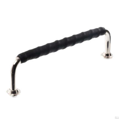 Poignée de meuble oblongue LL 1353 128 Nickel Poli et Cuir Noir