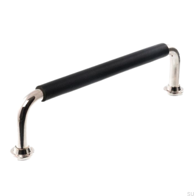 Poignée de meuble oblongue LS 1353 128 Nickel Poli avec Cuir Noir