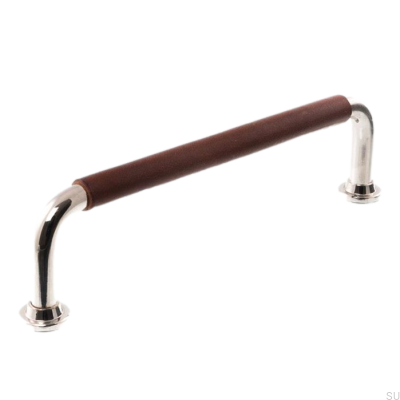 Poignée de meuble oblongue 1132LS 1353 128 Nickel poli et cuir marron