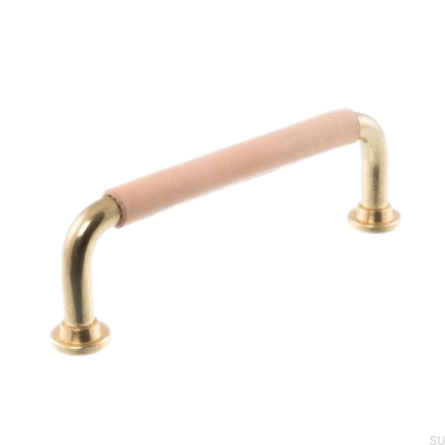 Poignée de meuble oblongue LS 1353 96 Laiton poli avec cuir naturel