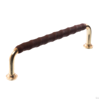 Poignée de meuble oblongue LL 1353 96 Laiton poli et cuir marron foncé