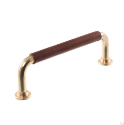 Poignée de meuble oblongue LS 1353 96 Laiton poli avec cuir marron foncé