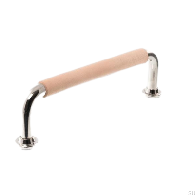 Poignée de meuble oblongue LS 1353 96 Nickel poli avec cuir naturel
