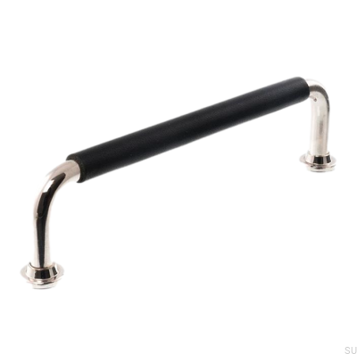 Poignée de meuble oblongue LS 1353 96 Nickel Poli avec Cuir Noir