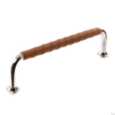 Poignée de meuble oblongue LL 1353 96 Nickel poli avec cuir marron