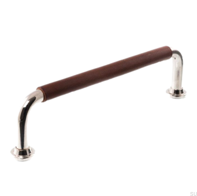 Poignée de meuble oblongue LS 1353 96 Nickel poli avec cuir marron foncé