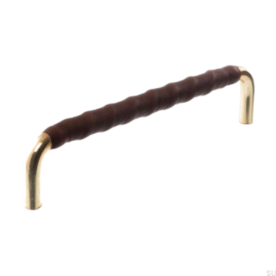 Poignée de meuble oblongue LL 7353 128 Or poli avec cuir marron foncé