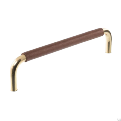 Poignée de meuble oblongue LS 7353 96 Or poli avec cuir marron