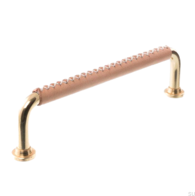 Poignée de meuble allongée 1353 128 Laiton poli avec cuir