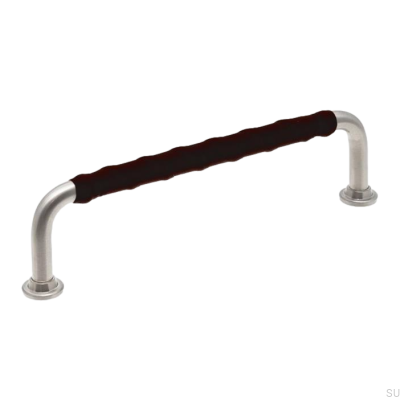 Poignée de meuble oblongue LL 1353 128 Nickel brossé et cuir noir