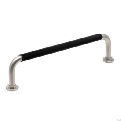 Poignée de meuble oblongue LS 1353 128 Nickel brossé et cuir noir