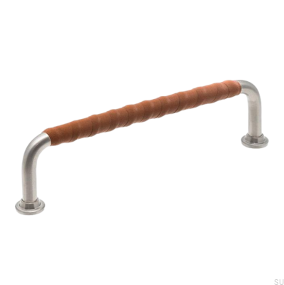Poignée de meuble oblongue LL 1353 128 Nickel brossé et cuir marron