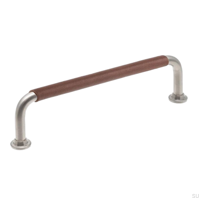 Poignée de meuble oblongue LS 1353 128 Nickel brossé et cuir marron