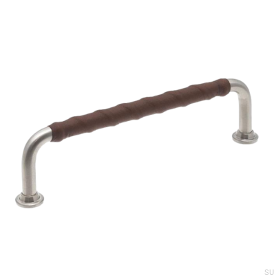 Poignée de meuble oblongue LL 1353 128 Nickel brossé et cuir marron foncé