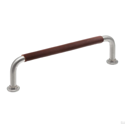 Poignée de meuble oblongue LS 1353 128 Nickel brossé et cuir marron foncé