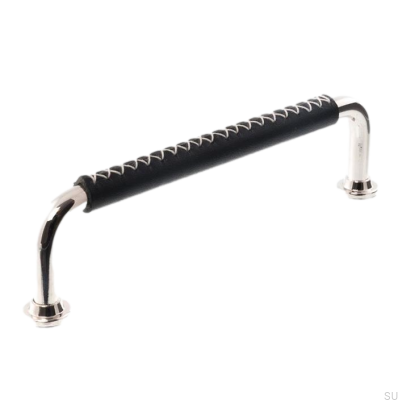Poignée de meuble oblongue LX 1353 128 Nickel Poli et Cuir Noir