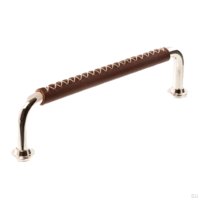 Poignée de meuble oblongue 1131LX 1353 128 Nickel Poli et Cuir Marron