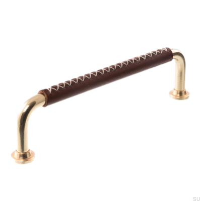 Poignée de meuble oblongue LX 1353 96 Laiton Poli et Cuir Marron Foncé