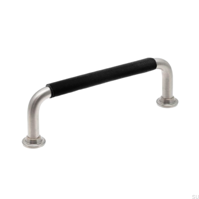 Poignée de meuble oblongue LS 1353 96 Nickel brossé et cuir noir