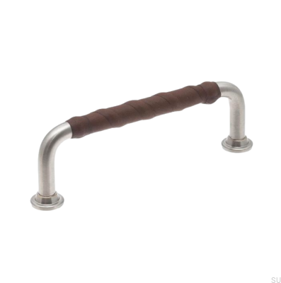 Poignée de meuble allongée 1353 96 Nickel brossé avec cuir marron