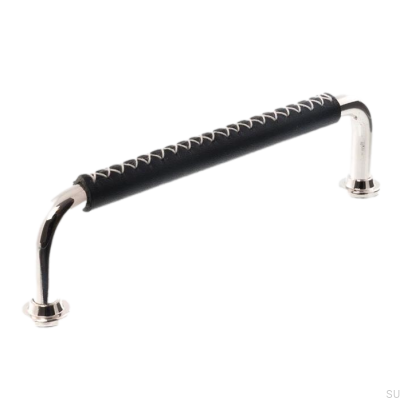 Poignée de meuble oblongue LX 1353 96 Nickel Poli et Cuir Noir