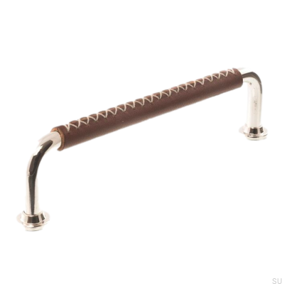 Poignée de meuble oblongue LX 1353 96 Nickel Poli et Cuir Marron
