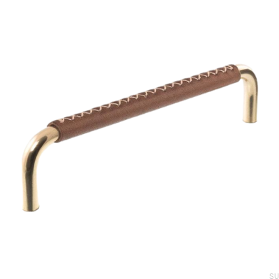 Poignée de meuble allongée 7353 128 Laiton poli avec cuir marron