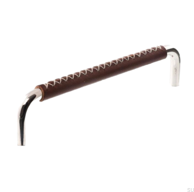 Poignée de meuble oblongue LX 7353 128 Nickel Poli avec Cuir Marron Foncé