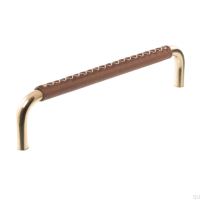 Poignée de meuble allongée 7353 96 Laiton poli avec cuir marron