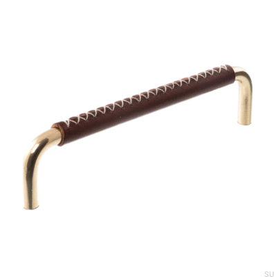 Poignée de meuble oblongue 7353 96 Laiton poli et cuir marron foncé