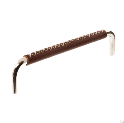 Poignée de meuble oblongue LX 7353 96 Nickel Poli et Cuir Marron