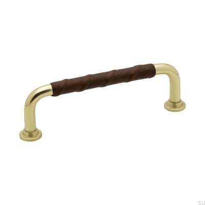 Poignée de meuble allongée 1353 96 Laiton doré Cuir naturel brun poli
