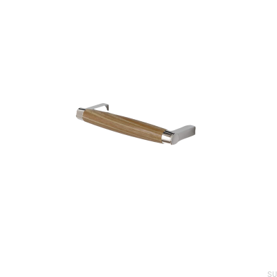 Poignée de meuble oblongue Hjo 128, chrome poli avec bois de chêne