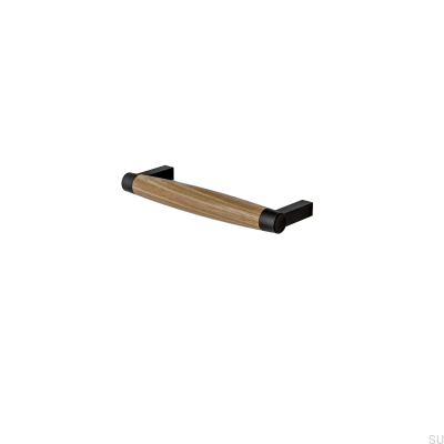 Poignée de meuble oblongue Hjo 128, métal noir mat et bois de chêne