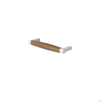 Poignée de meuble oblongue Hjo 128, métal blanc mat et bois de chêne