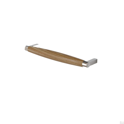 Poignée de meuble oblongue Hjo 192, chrome poli avec bois de chêne